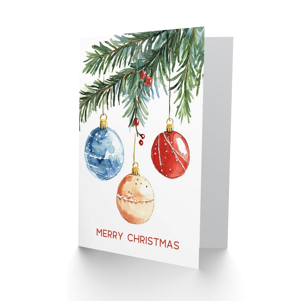 image 1 of Three Baubles Hanging From Tree Watercolour Blank For Him Or Her Art Christmas Card
