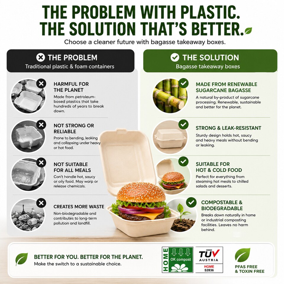 image 1 of Bagasse Sugarcane Burger Takeaway Boxes 6x6 Clamshell Containers, PFAS Free, TUV Home Compostable Certified Food Boxes for Hot & Cold Meals, Restaurants, Parties & Catering