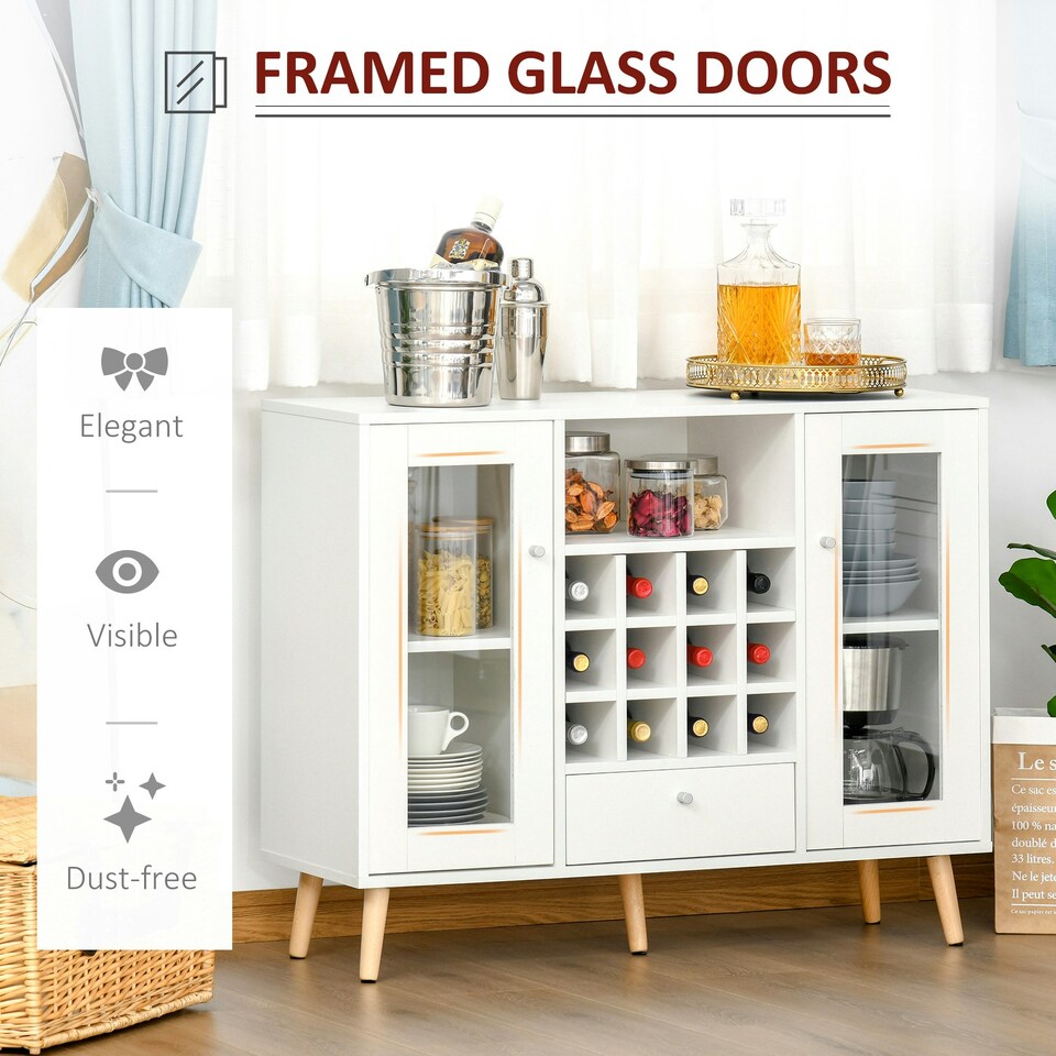 image 1 of HOMCOM Sideboard Cabinet Kitchen Cupboard with Glass Doors, Drawer & Wine Rack White | Natural wood legs