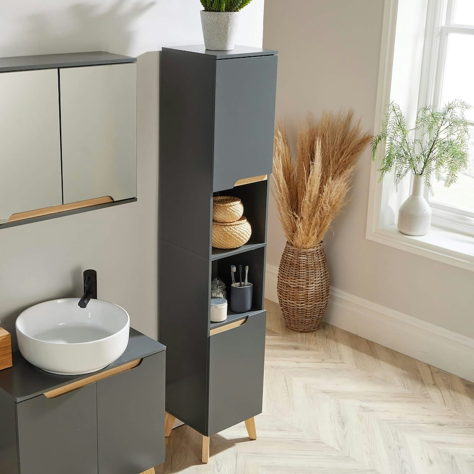 image 1 of Bathroom Tall Storage Cabinet Open Shelving Unit 2 Door Tallboy | White