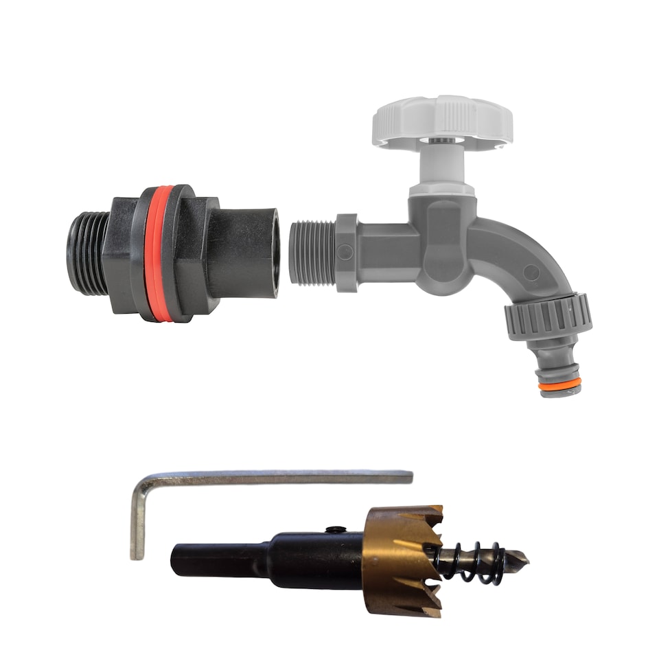 image 1 of 3/4" BSP Water Butt Connector Set with 1/2" Quick-Connect PP Tap and 27mm HSS Drill Bit,