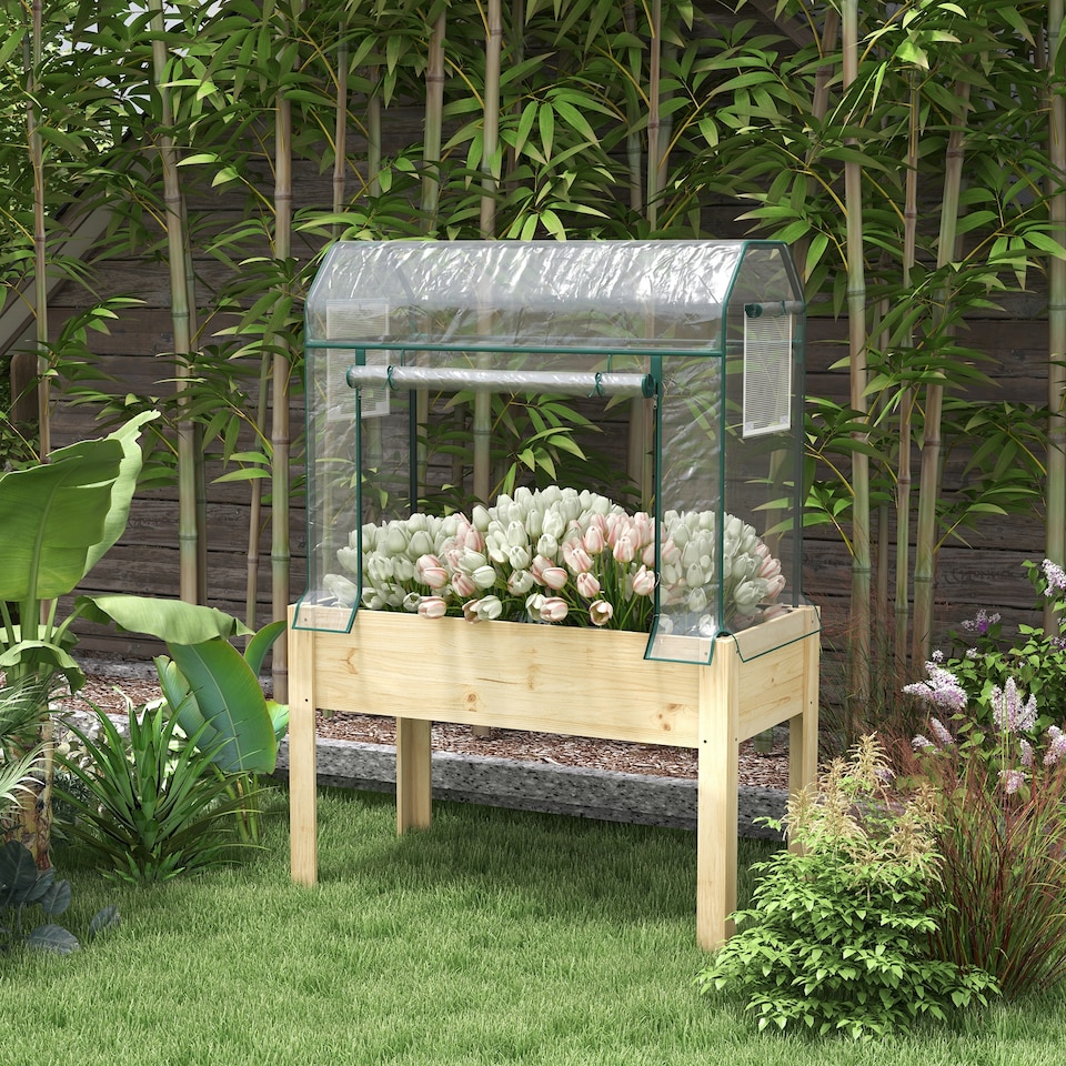 image 1 of Outsunny Wooden Raised Planter, Garden Bed with Greenhouse Cover and Bed Liner
