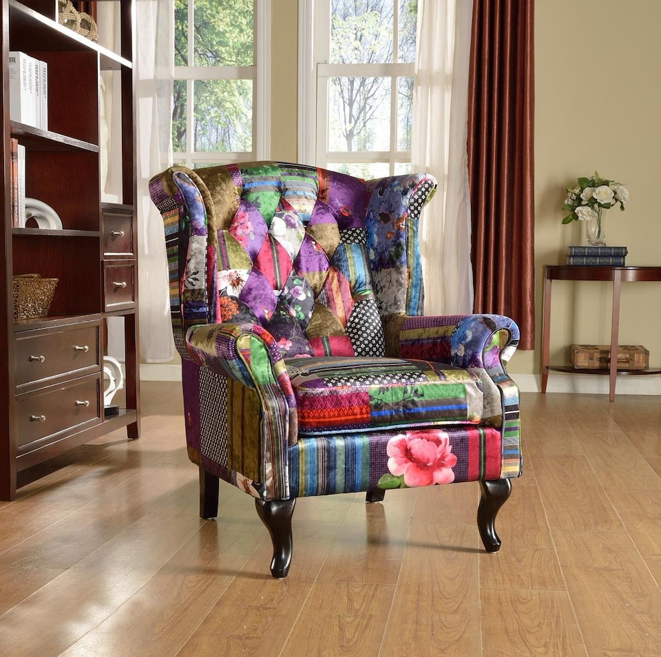 image 1 of Fabric Patchwork Chesterfield Avici Scroll Wingback Chair