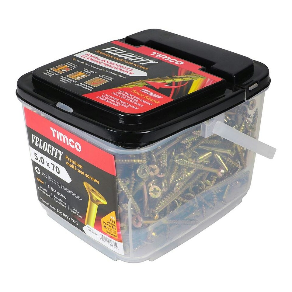 image 1 of Timco - Velocity Premium Multi-Use Screws - PZ - Double Countersunk - Yellow  (Size 5.0 x 70 - 375 Pieces)