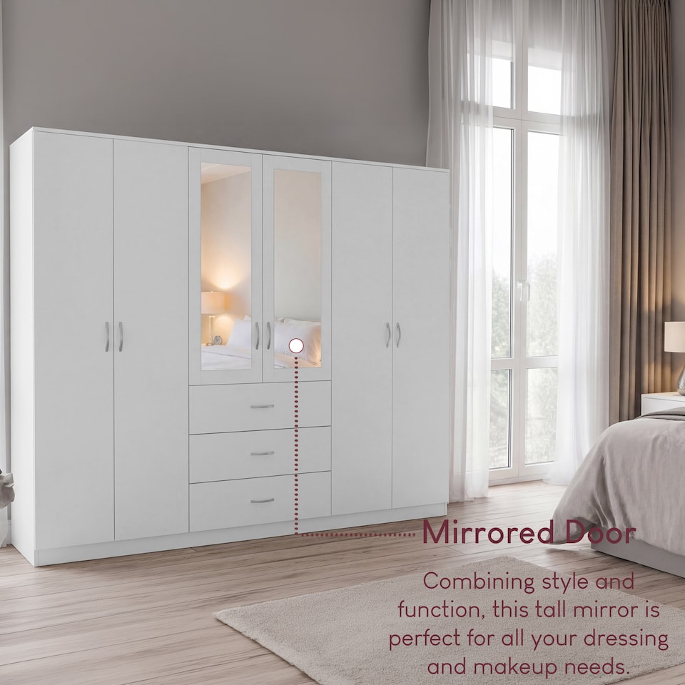 image 1 of Vida Designs Riano 6 Door 3 Drawer XX-Large Mirrored Wardrobe, White