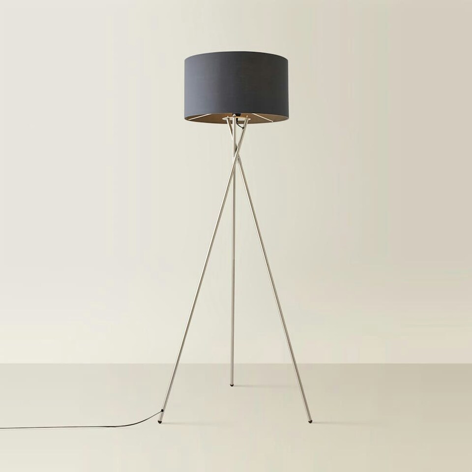 image 1 of ValueLights Camden Brushed Chrome Tripod Floor Lamp Charcoal Shade Grey