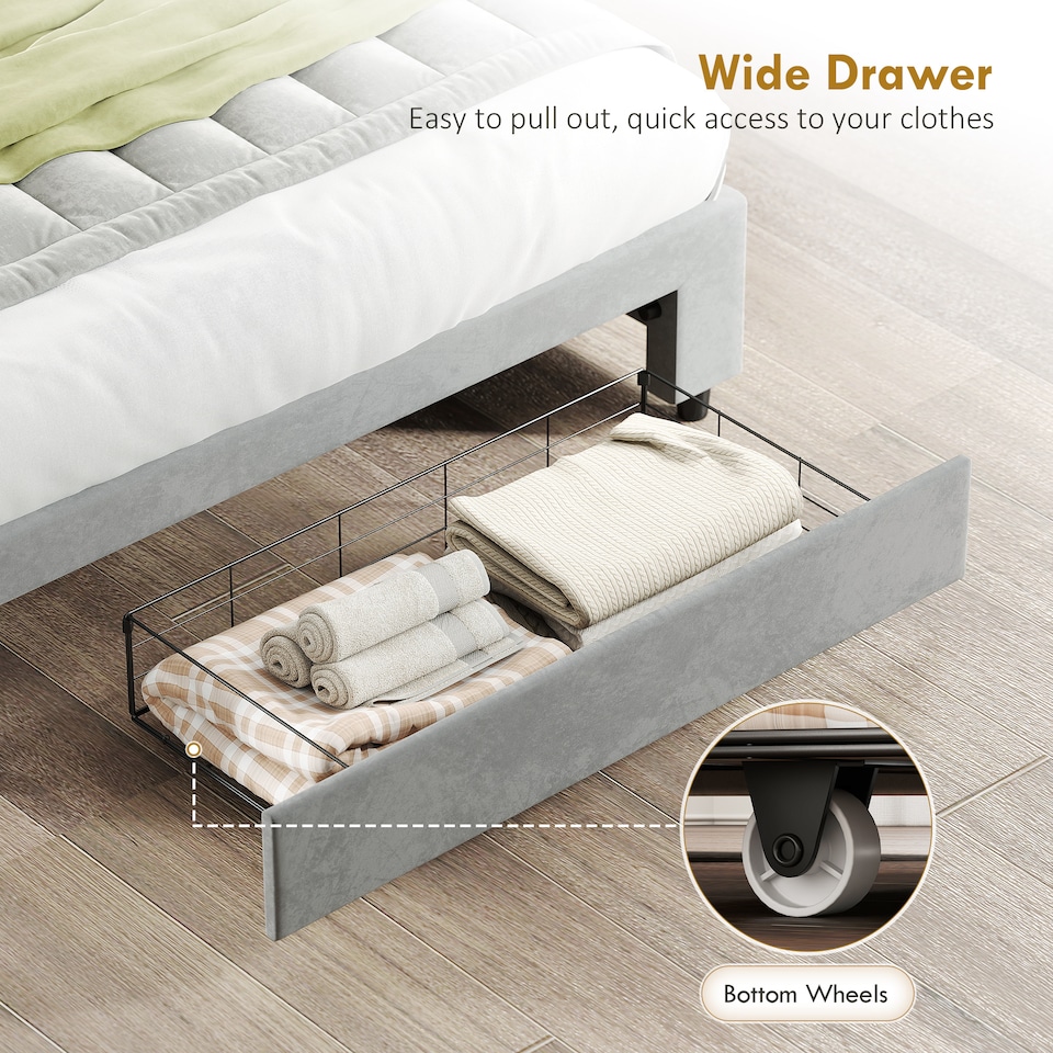 image 1 of HOMCOM Upholstered Ottoman Bed with Storage Drawer and Adjustable Headboard, 4ft6 Double Size Bed Frame with Gas Lift End Opening, Wooden Slats, No Mattress, Grey