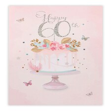 60th Cake, Flowers And Butterflies Birthday Card