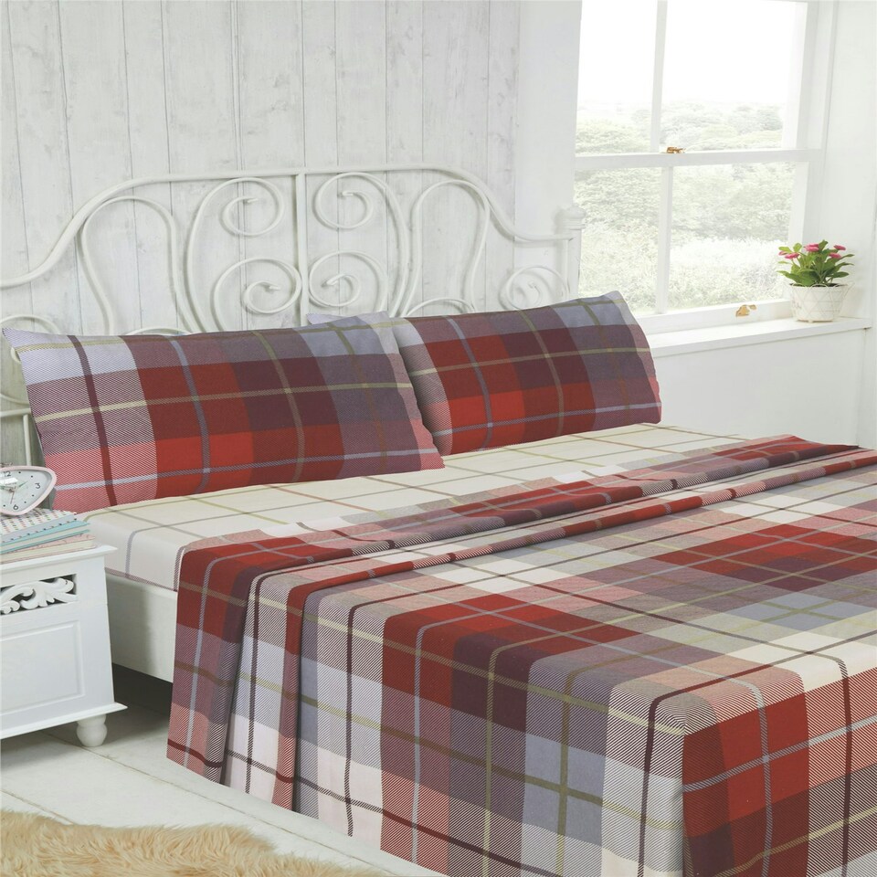 image 1 of Flannelette Brushed Cotton Tartan Sheet Set - Red - Double