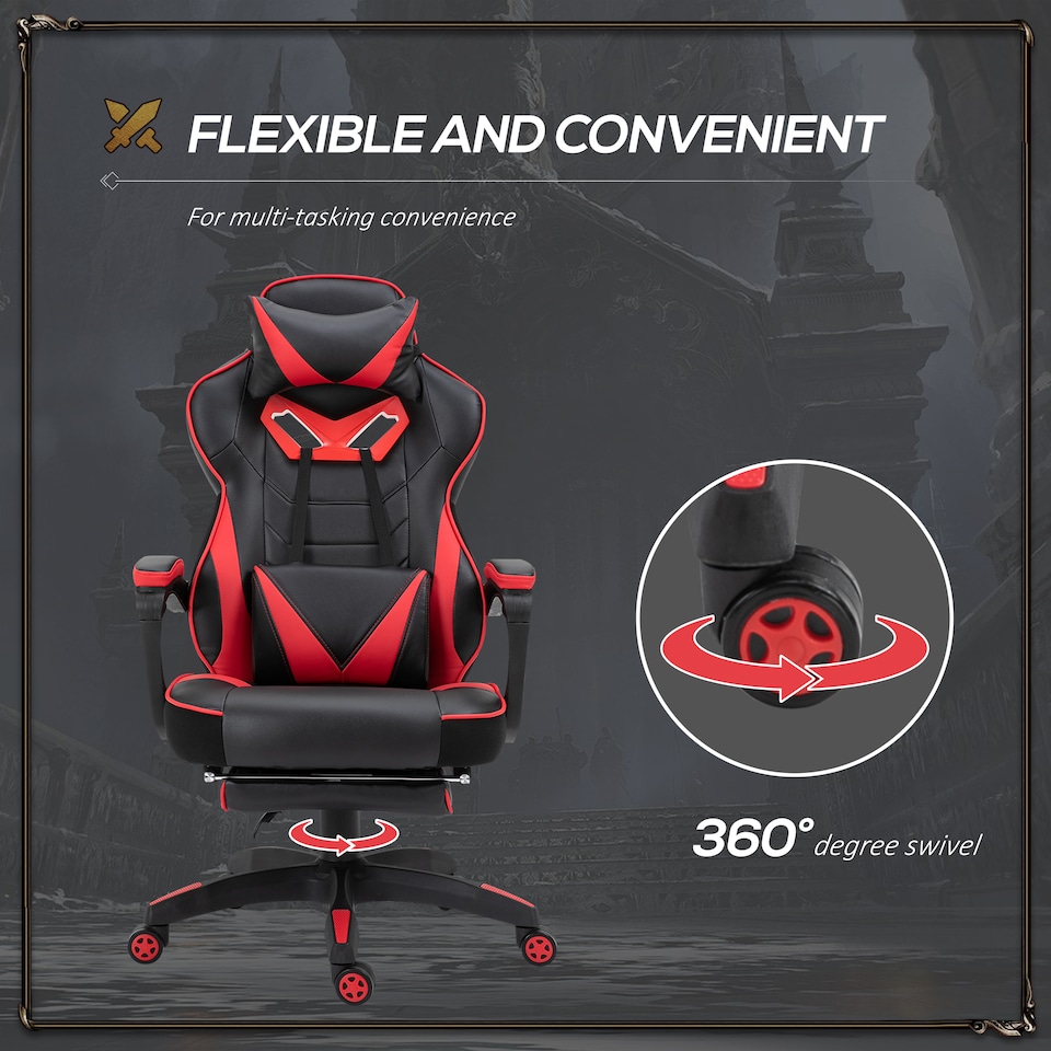 image 1 of Vinsetto Computer Gaming Chair, Racing Desk Chair with Lumbar Support and Footrest, PU Leather Gamer Chair with Headrest and Swivel Wheels for Home, Red