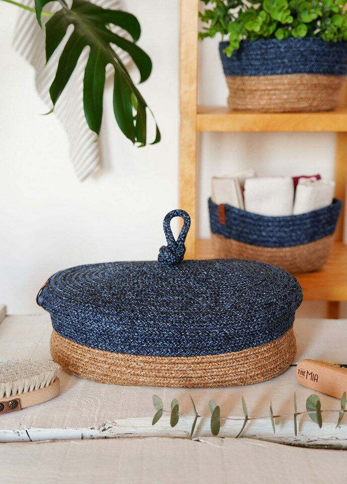 image 1 of Jute Handwoven Storage Basket With Lid (Blue)