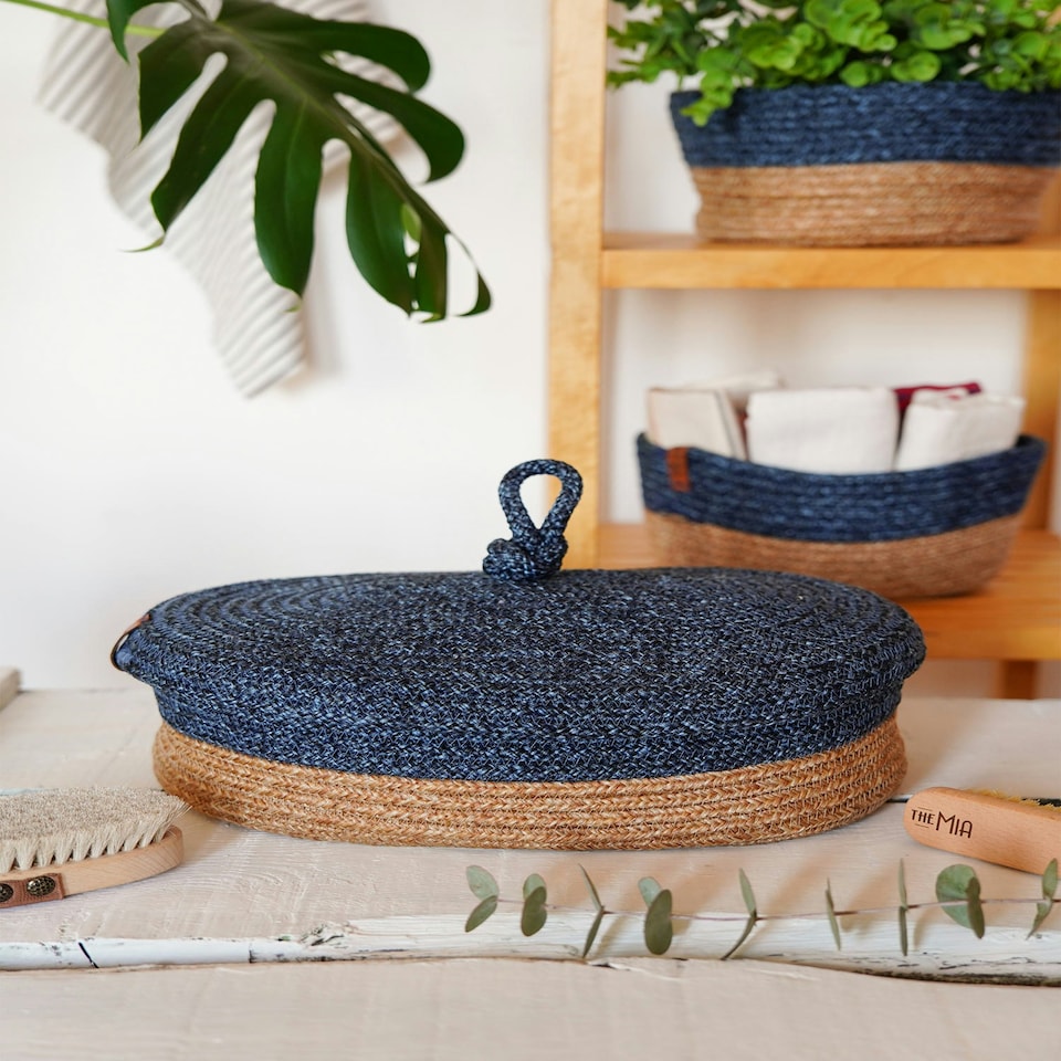 image 1 of Jute Handwoven Storage Basket With Lid (Blue)