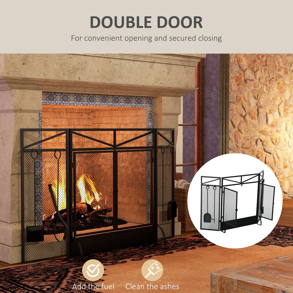 image 1 of HOMCOM 3 Panel Folding Fire Guard Screen with Fireplace Tool Sets and Front Doors, Freestanding Fire Screen Spark Guard with Feet for Open Fire, Log Burner, Fireplace, 122 x77 cm, Black