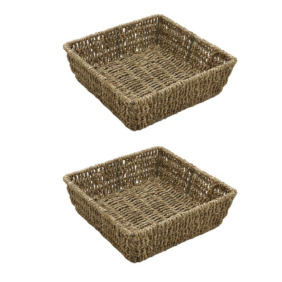 image 1 of JVL Hand Woven Seagrass Square Storage Tray, Capacity 4.2L, Set of 2 Brown