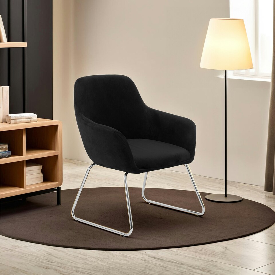 image 1 of Black Velvet Armchair With Rounded Back,Accent Seat With Chrome Legs,Occasional Chair,Functional Chair Black