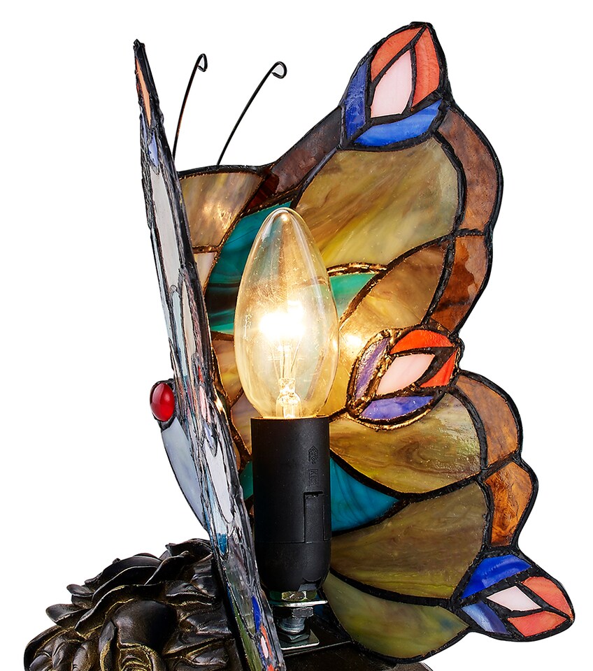 image 1 of Beautiful Handmade Multi-Coloured Glass Butterfly Tiffany Lamp with Bronze Base | Multi