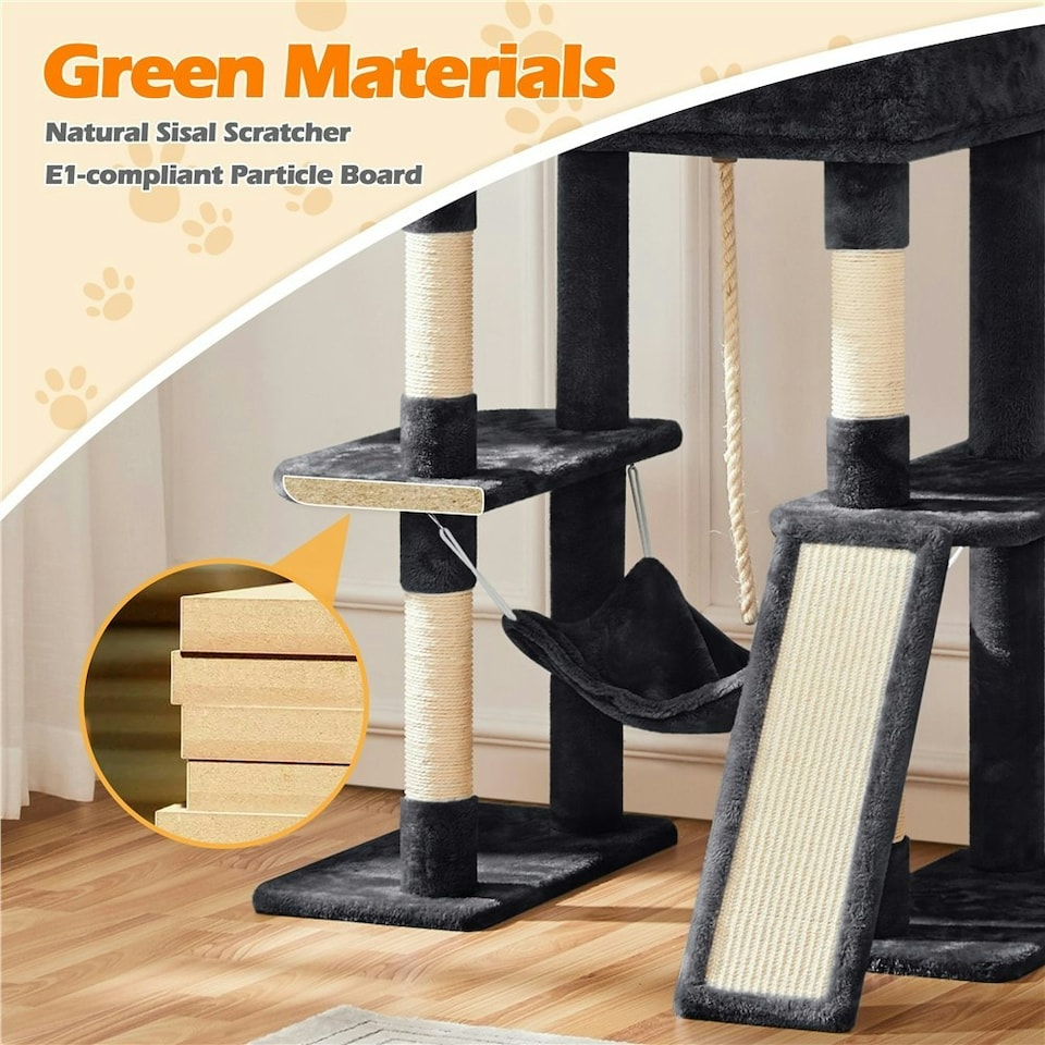 image 1 of Yaheetech 209 cm Large Cat Tower with 2 Cozy Condos Black