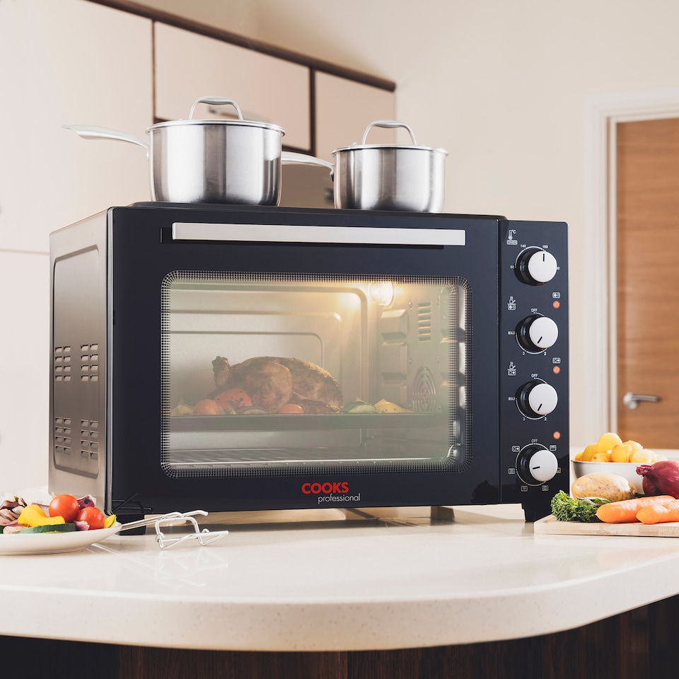 image 1 of Cooks Professional 48L Mini Portable Oven with 2 Ceramic Hobs - Electric Portable Countertop Cooker | Black | Black & Silver