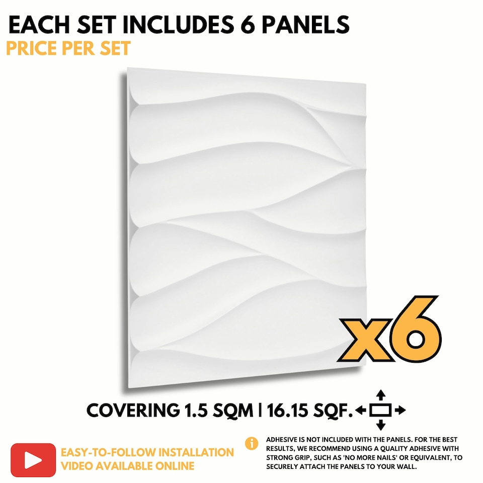 image 1 of NOVECRAFTO Wavy Wave 3D Wall Panels – 6 Sheets Covering 1.5m² | 16.15ft² Interior Cladding Set | Wavy Design Tiles – Each Panel 50x50cm