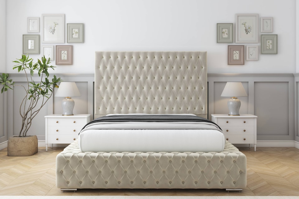 image 1 of Sloomy Ambassador Cream Plush Bed Frame With 50"  Upholstered Headboard 6' Super King