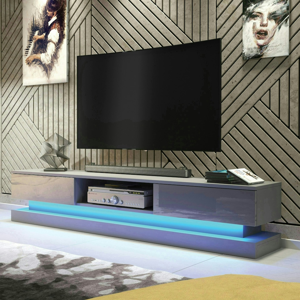 image 1 of TV Unit 180cm Grey Gloss Fronts Grey Matt Body with LED Platform Grey