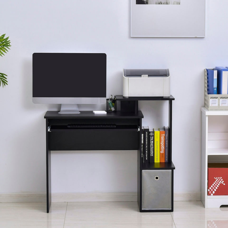image 1 of HOMCOM Computer Desk with Sliding Keyboard Tray Storage Drawer Shelf Black