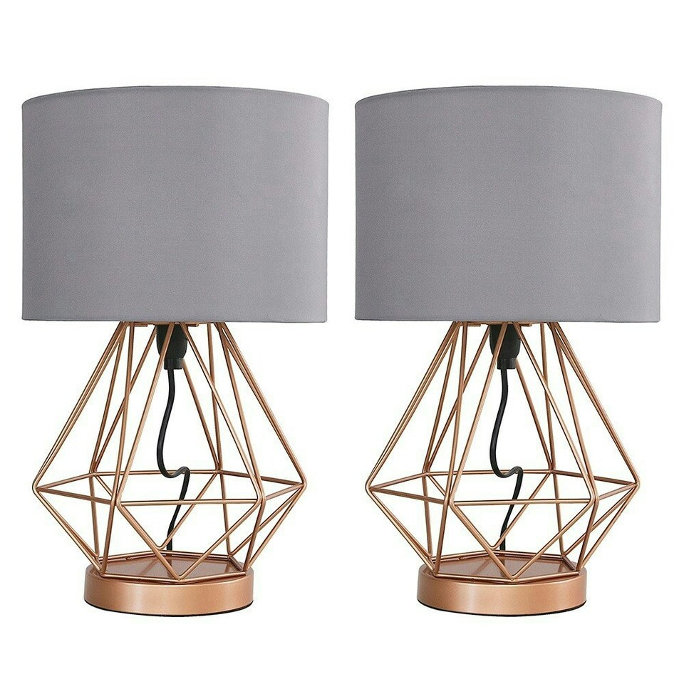 image 1 of ValueLights Pair of - Copper Metal Basket Cage Touch Table Lamps with a Grey Cylinder Shade - Complete with 5w LED Dimmable Bulbs 3000K Warm White Grey