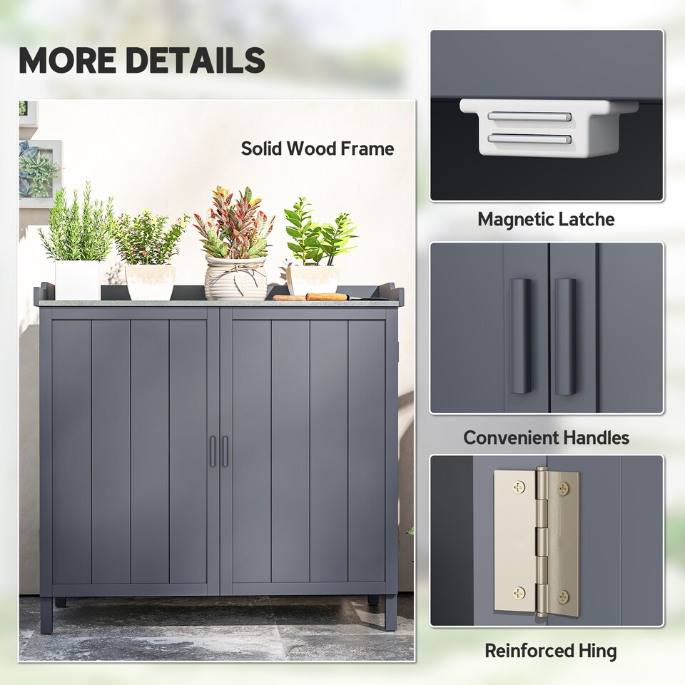 image 1 of Outsunny Garden Storage Cabinet Potting Bench Table with Galvanized Top, Grey | Grey