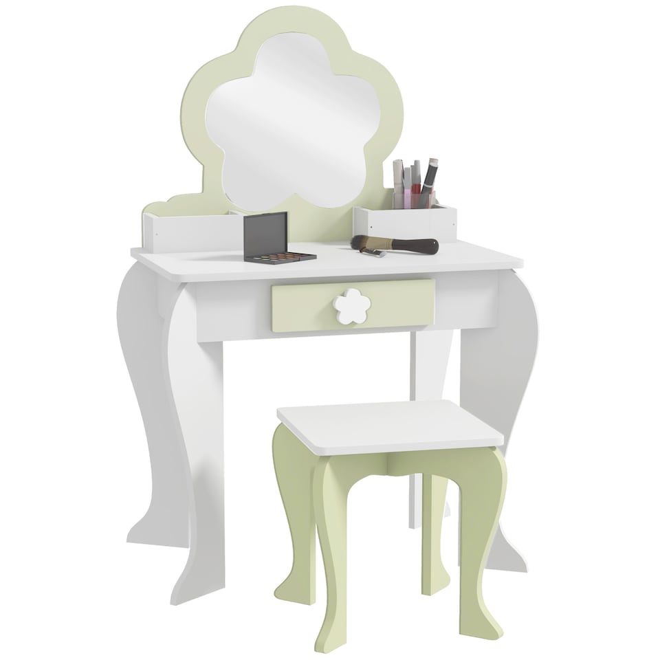 image 1 of ZONEKIZ Kids Vanity Table Set, Beauty Flower Design, for Ages 3-6 Years - White | White | 1 table, 1 stool