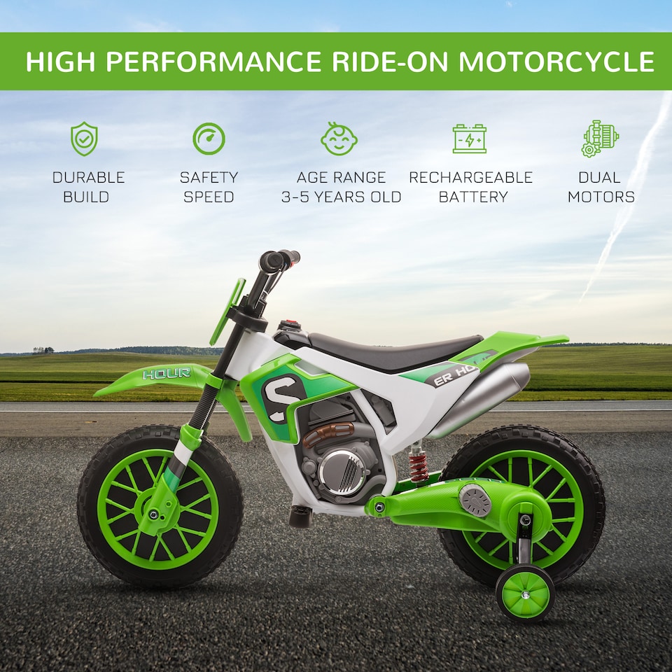 image 1 of HOMCOM Kids Electric Motorbike, 12V Battery Powered Kids Motorbike for Boys and Girls with Training Wheels, Start-up Button, Pedal, for Ages 3-5 Years - Green
