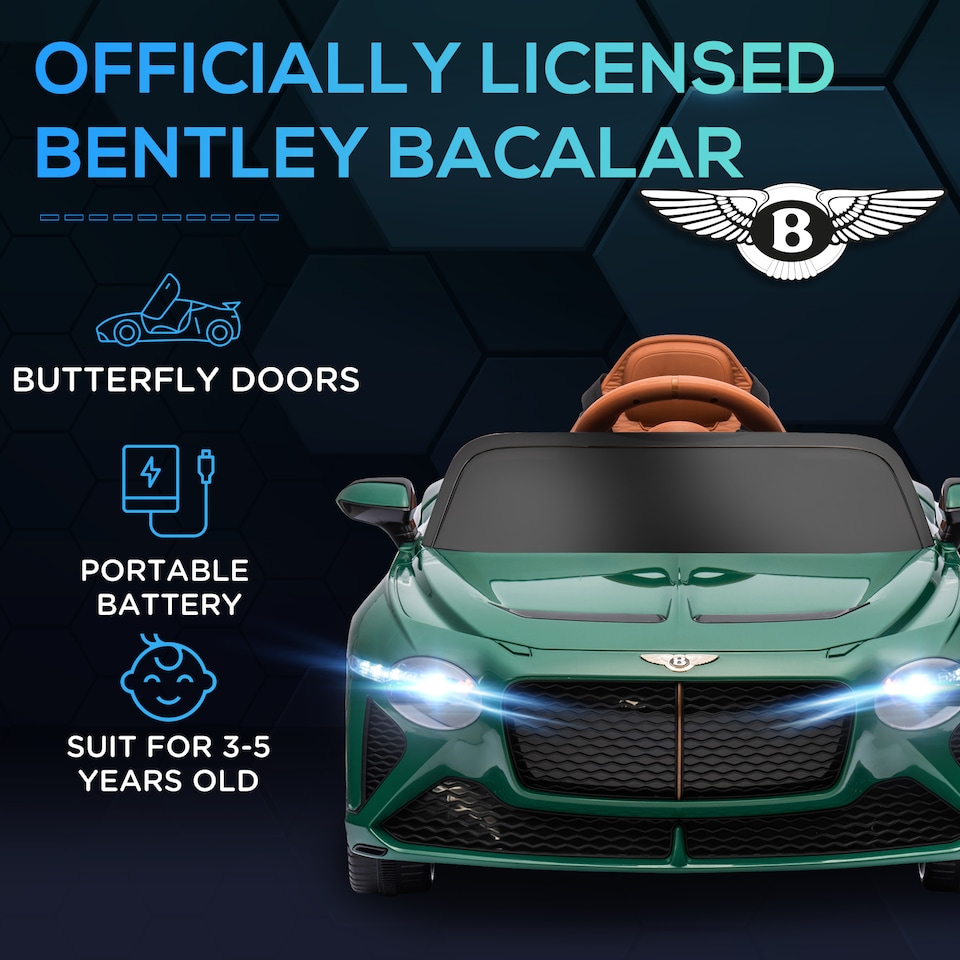 image 1 of HOMCOM Bentley Bacalar Licensed 12V Kids Electric Ride-On w/ Remote - Green