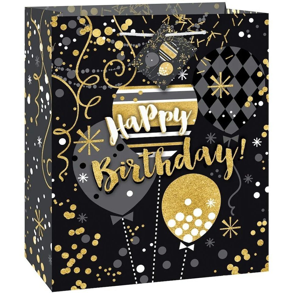 Balloons Happy Birthday Gift Bag - Black/Gold - M