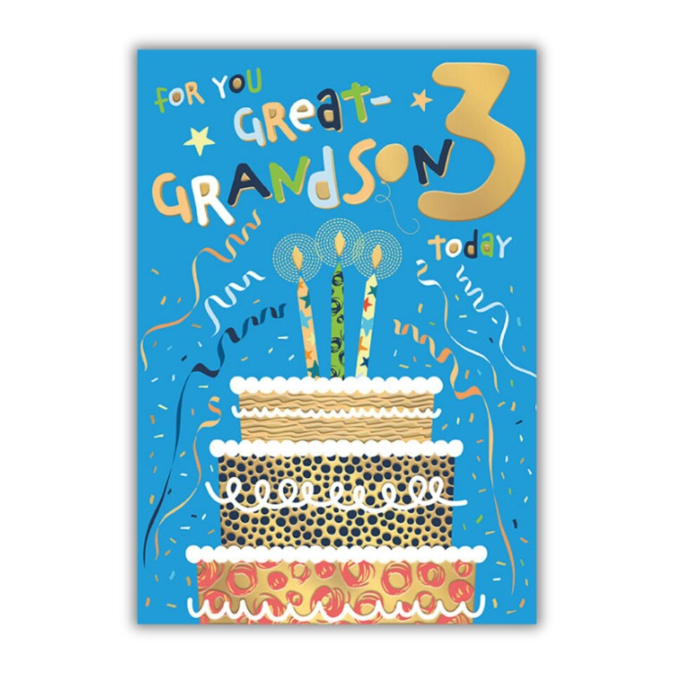 image 1 of Words 'n' Wishes 3rd Birthday Card for Great Grandson, Patterned & Foiled Letters With Birthday Cake, Multicoloured, 23.5 x 16.5 cms