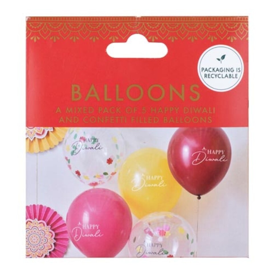 image 1 of Multicoloured Happy Diwali Latex Balloons 30cm / 12 in - Pack of 5