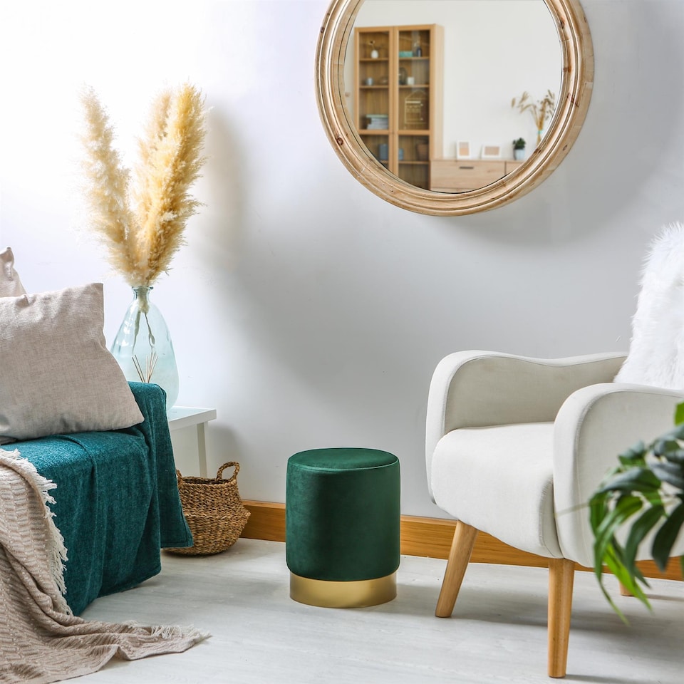 image 1 of Harbour Housewares Round Velvet Pouffe - 29 x 36cm - Green | Green | Green