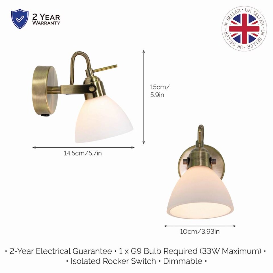 image 1 of Contemporary and Chic Antique Brass Wall Spot Light with Switch and Glass Shade | Gold | Antique Brass | 1
