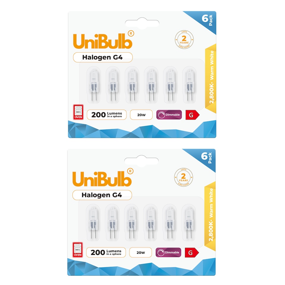 image 1 of UniBulb Halogen G4 Capsule 200lm 20W 2800K (Warm White) Dimmable Light Bulb For Ovens, Lamps, & Chandeliers - Pack of 12