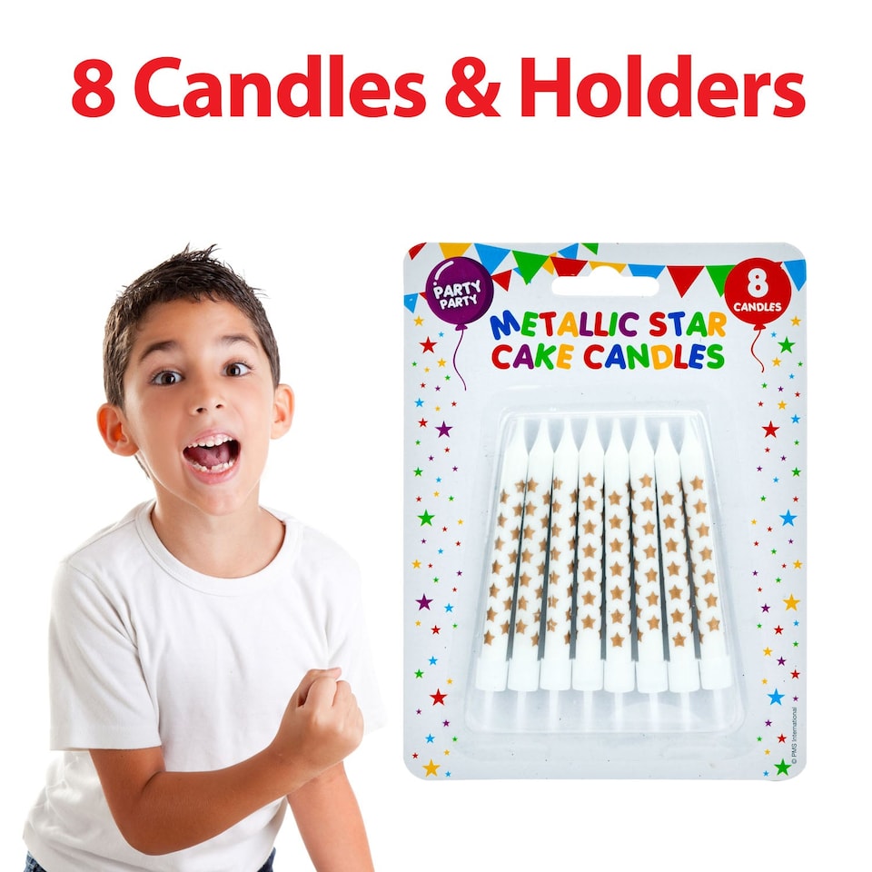 image 1 of VFM e-Store 8 Metallic Gold Birthday Cake Candles with Stars - Wax, One Size