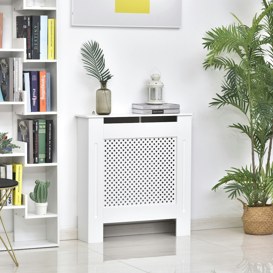 image 1 of HOMCOM Wooden Radiator Cover Heating Cabinet Modern Home Furniture Grill Style  White Painted (Small)