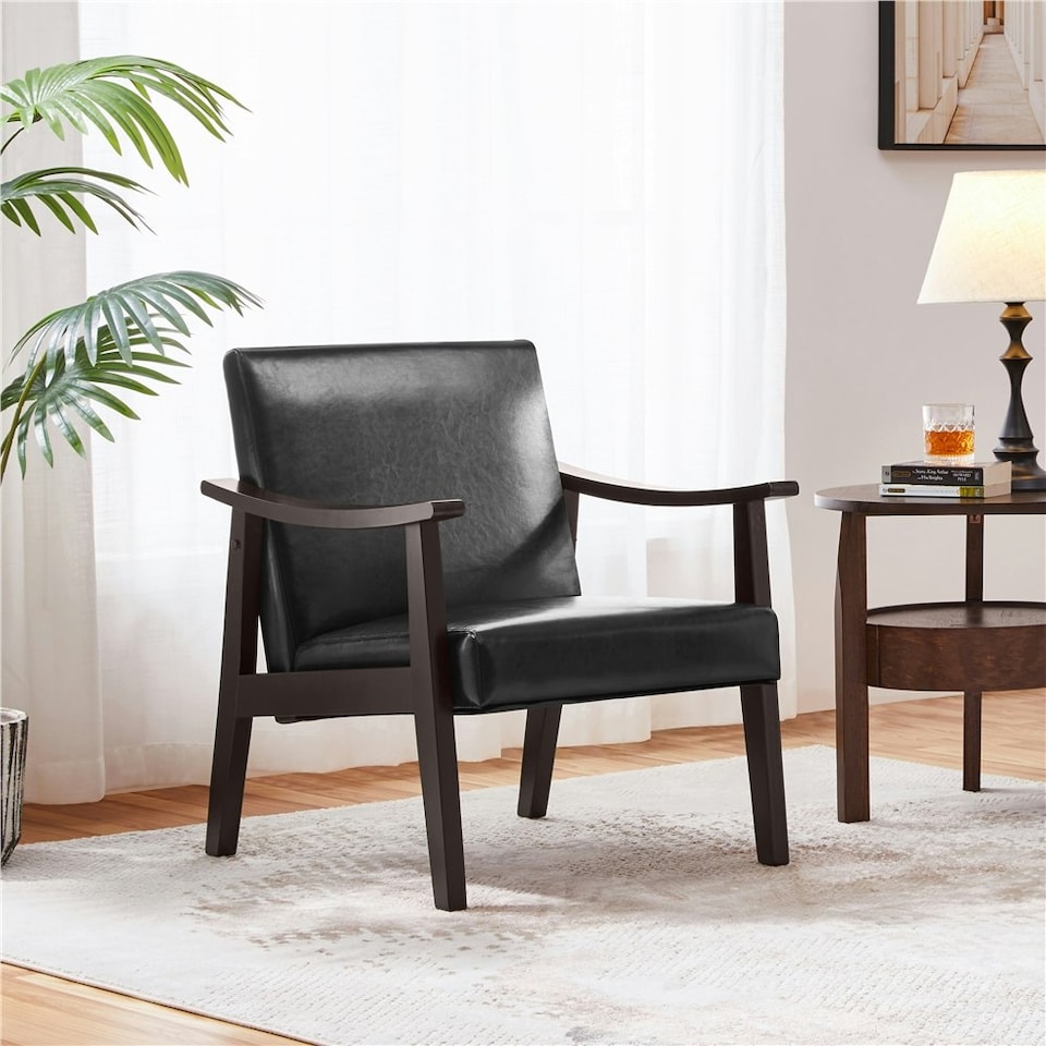 image 1 of Yaheetech Faux Leather Upholstered Armchair with Wood Legs | Brown | Light Brown