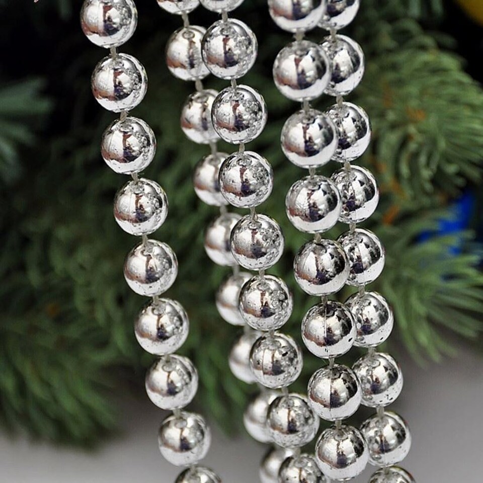 image 1 of Silver Shiny Christmas Bead Chain Metallic Beaded Garland Artificial Pearls Tinsel For Christmas Tree Hanging Decorations