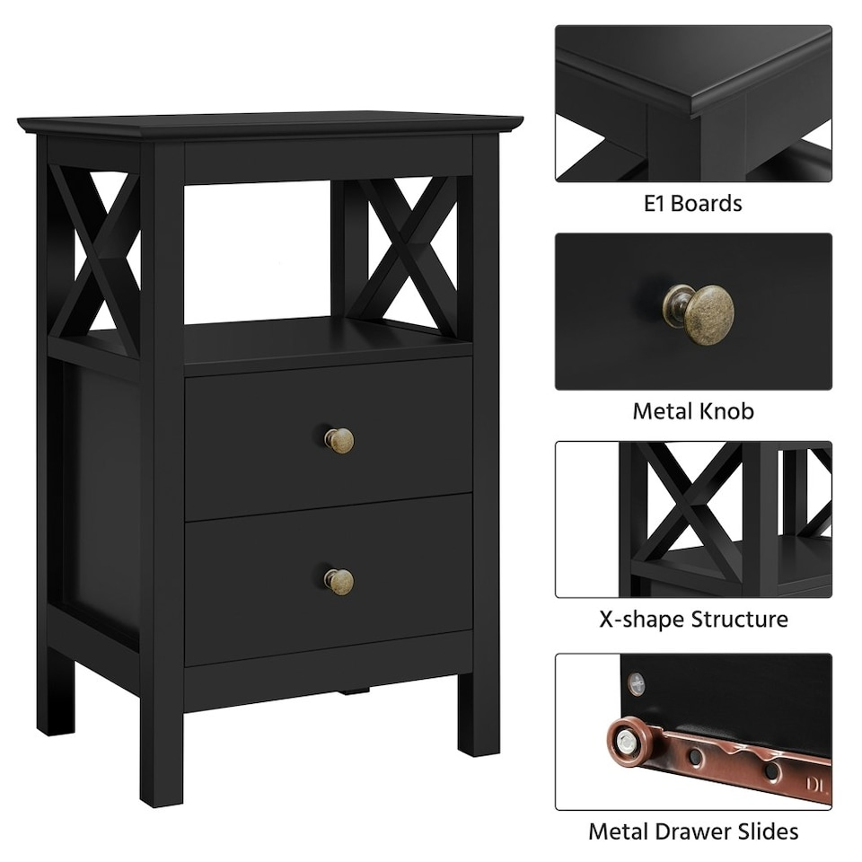 image 1 of Yaheetech Farmhouse Bedside Table with 2 Drawer 1 Shelf Black