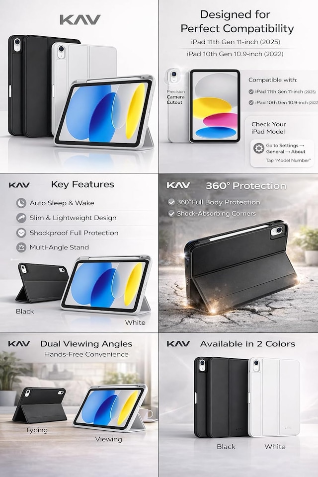 image 1 of KAV Case for iPad A16 11th Generation 11 Inch 2025 and iPad 10th Generation 10.9 Inch 2022 Slim Protective Smart Cover with Auto Sleep Wake Trifold Stand Lightweight Shockproof Tablet Case (Black)