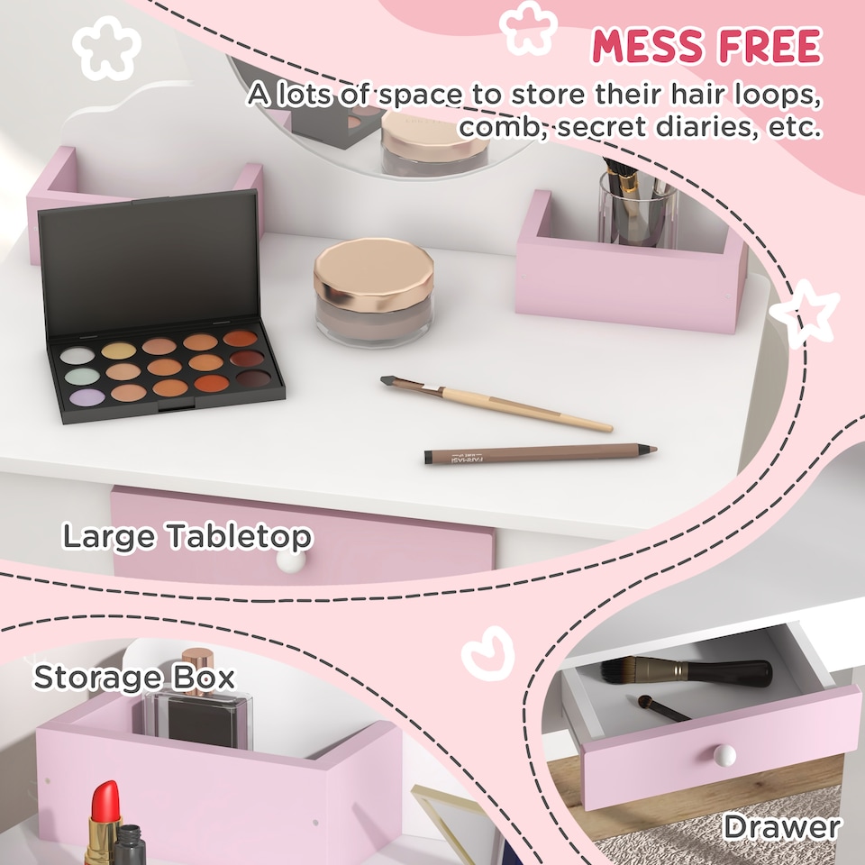 image 1 of ZONEKIZ Kids Dressing Table with Mirror and Stool, Drawer, Storage Boxes - White | White | Pink