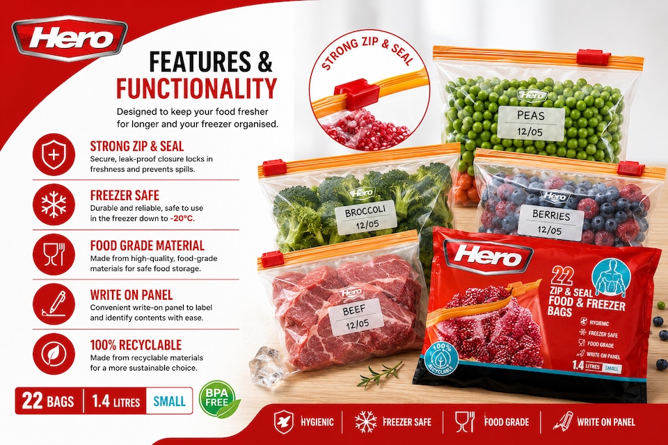 image 1 of Hero Zip Seal Food & Freezer Bags Small 1.4L – 22 Reusable BPA Free Zip Lock Food Storage Bags for Sandwiches, Fruit, Meat, Vegetables, Snacks & Travel | Clear | Clear | 1.4L | 110