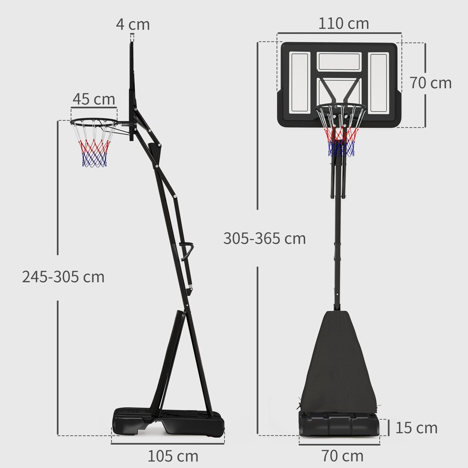 image 1 of SPORTNOW Basketball Hoop Outdoor, Height Adjustable Basketball Hoop and Stand with Rebound System, Weighted Base, Portable on Wheels, 2.45-3.05m, for Teens, Juniors, Adults, Black