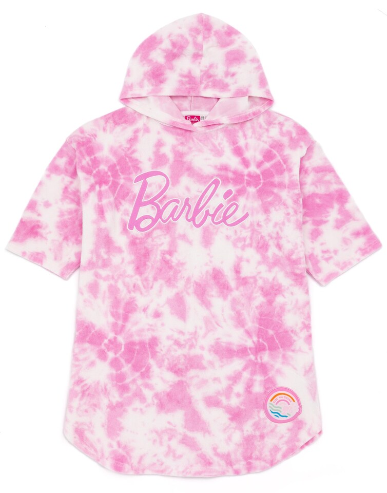 image 1 of Barbie Girls Towel Poncho | Pink Tie Dye Wearable Bath Towel For Kids | Classic Logo Graphic Hooded Changing Robe | Short Sleeve Cosy Swimwear Beach Cover Up Merchandise Gift for Children