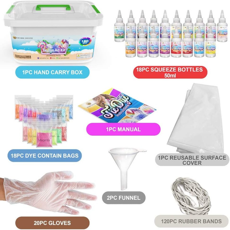 image 1 of Desire Deluxe Tie Dye Kit – Set of 18 Colours Ink Tie-Dye Kits for Dyeing Fabric, Clothes – Creative Art Craft Games Activity for Kids & Adults (180pc)