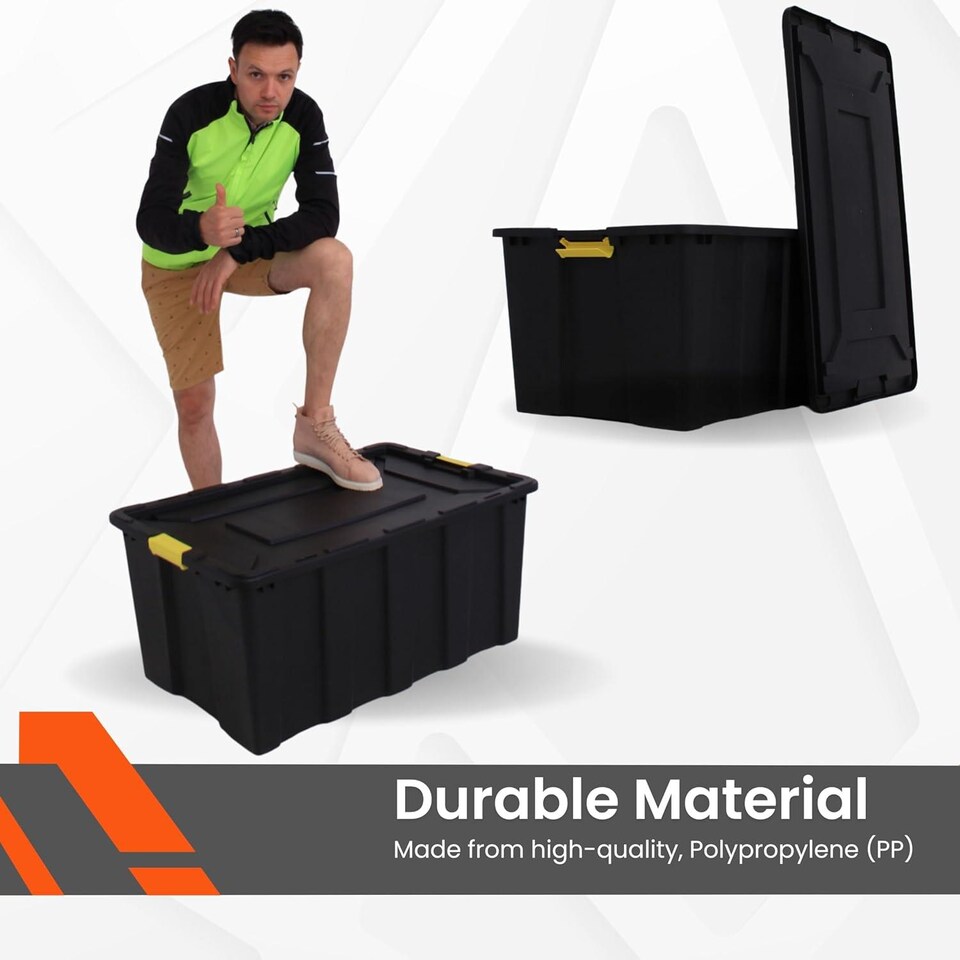 image 1 of Large Plastic Storage Box with Lid (92x58x42 cm) Heavy Duty Container 150L Capacity Black Stackable Box for Garage Pack of 10