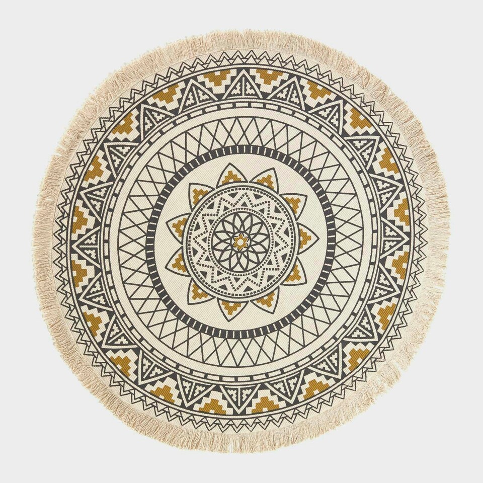 image 1 of Homescapes Black and Gold 100% Cotton Mandala Printed Round Rug Black | 145 cm Round